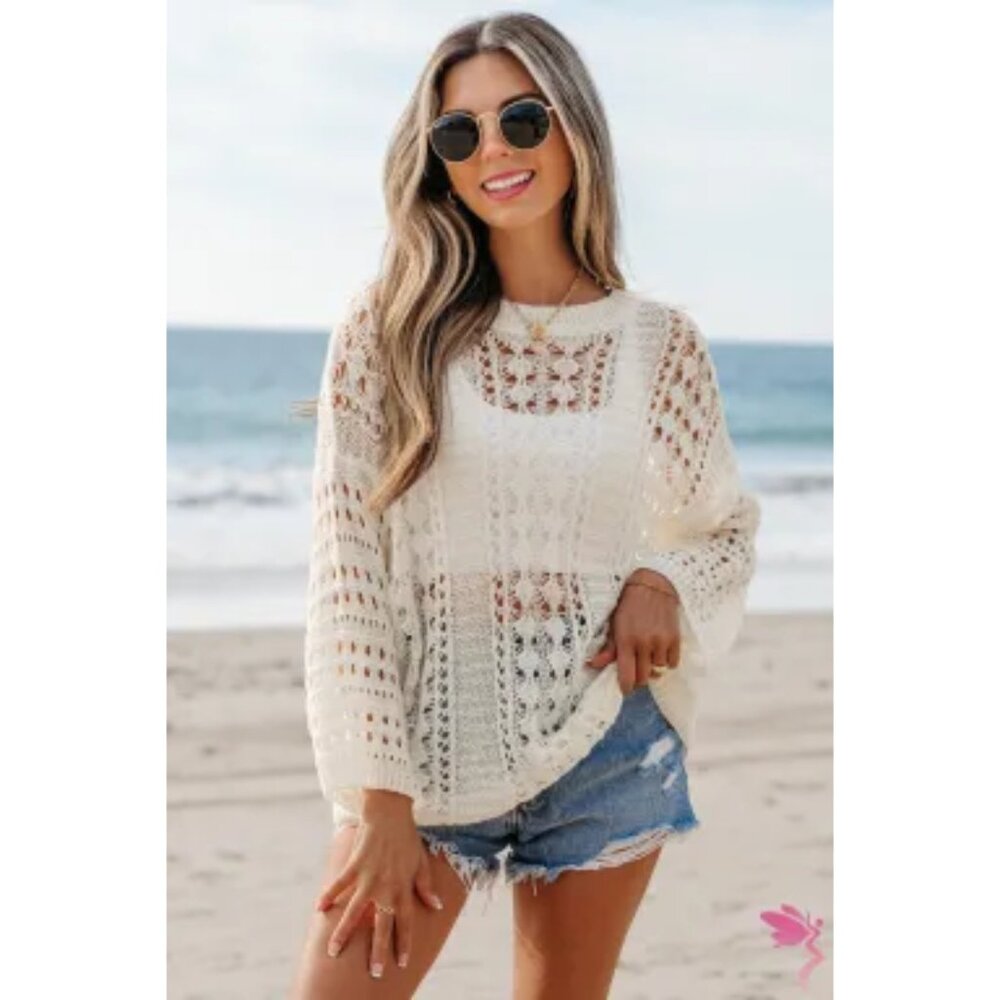 Coming Soon: White Hollow-Out Knit Cover-Up Drop Shoulder Sweater Size S/M/L/XL